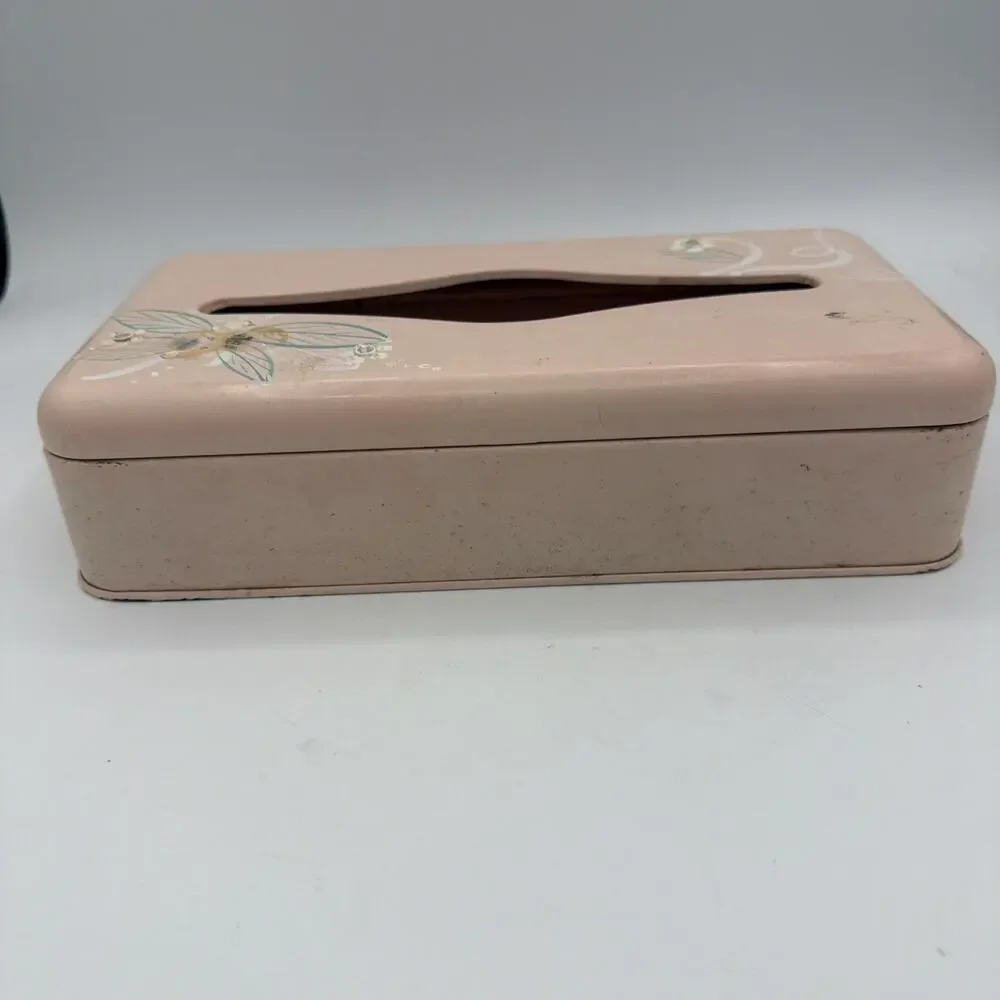 Vintage Ransburg Pink Cottage Tole Painted Metal Tissue Kleenex Box Holder MCM